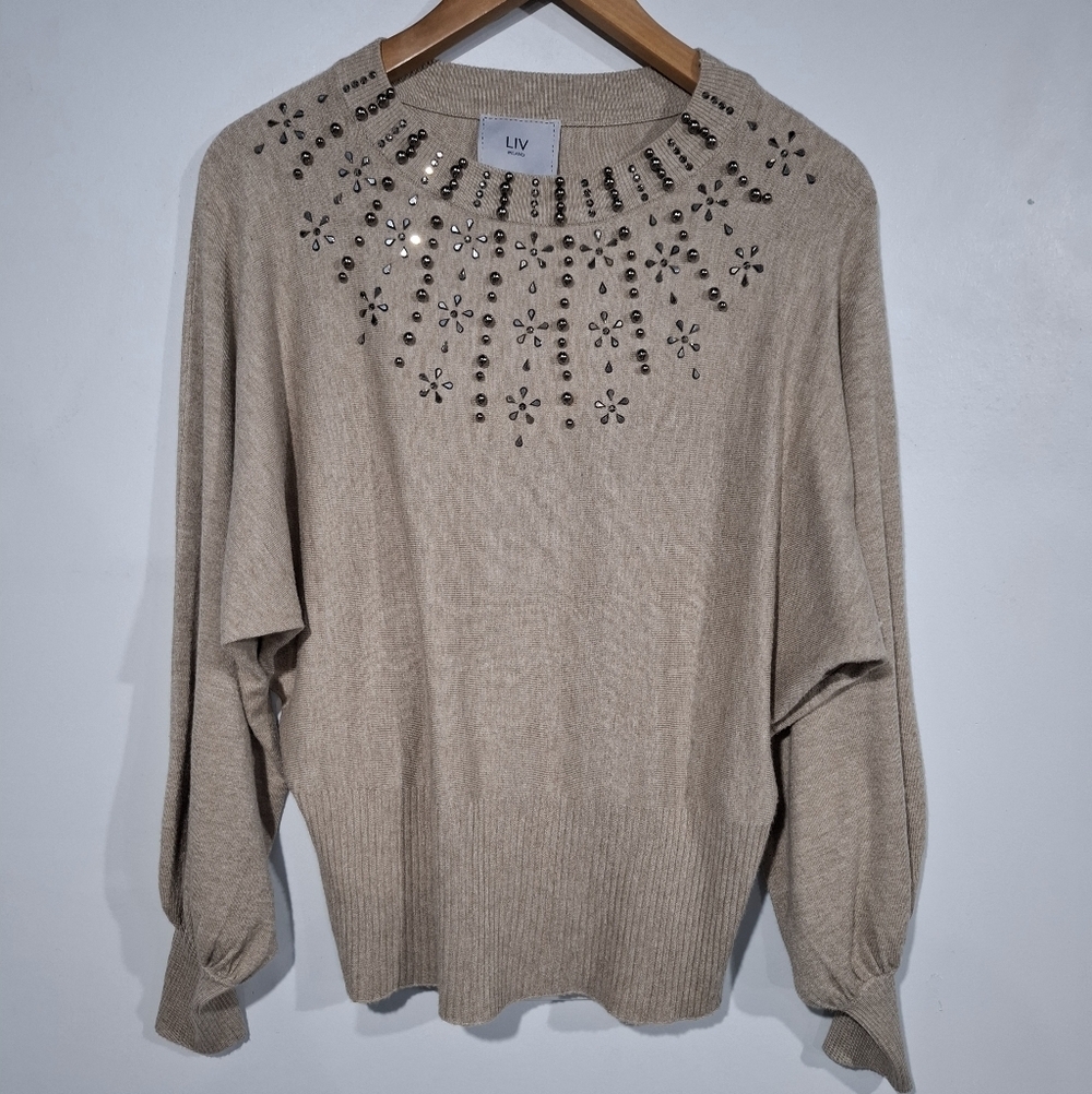 Liv Milano Brown Studded Blouson Dolman Sleeve Sweater Sz M